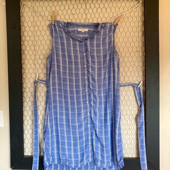 NWOT Loft Blue Plaid Button-Up Sleeveless Shirt Dress. Comfy. Beachy. Casual. - Picture 3 of 6